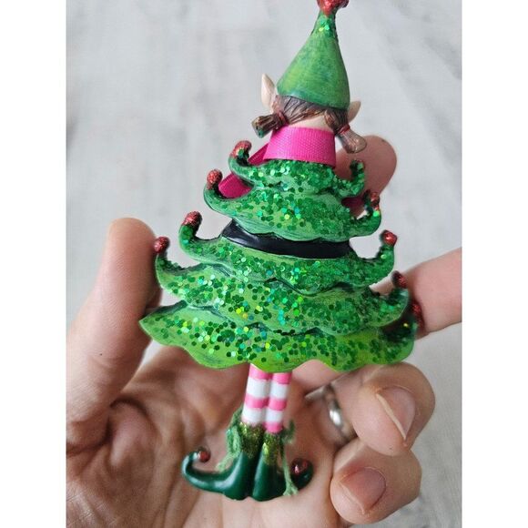 Elf tree girl ornament unique AS IS Xmas green glitter striped - Picture 5 of 8